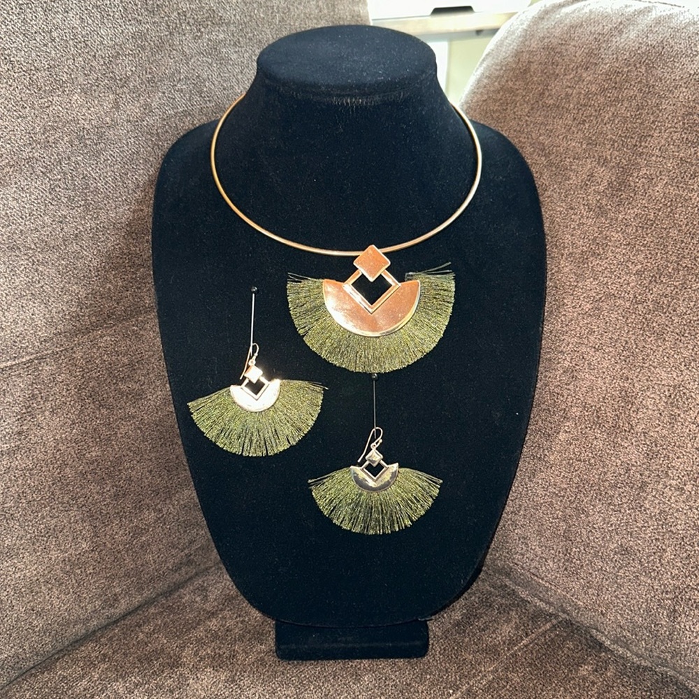 Tassel Green and Gold Chocker with Matching Earrings